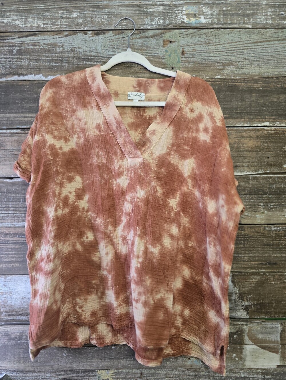 Wonderly Rust Cream Tie Dye Oversized Boho Top XL - Picture 2 of 5